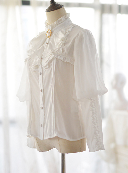 Elegant And Delicate Decorative Button Pleated Neckline Decoration Pure White Retro Court Style Long Sleeve Classic Lolita Shirt