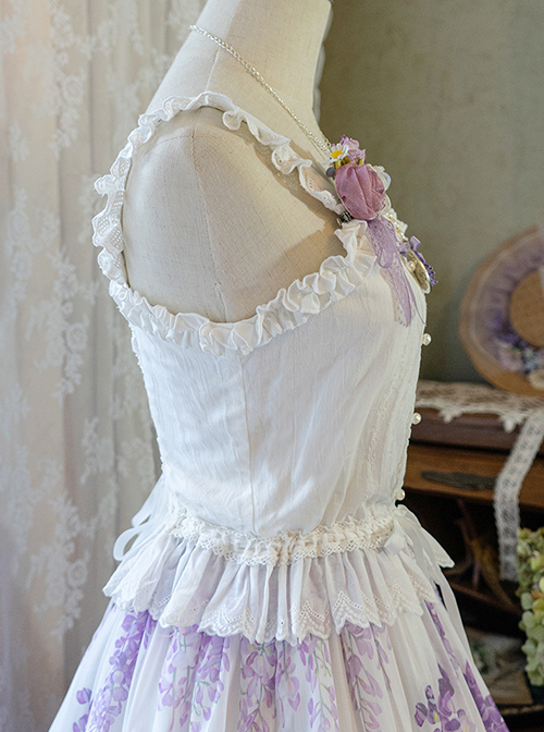 Solid Color Pleated Lace Trim Cute Three-Dimensional Lace Flower Decoration Classic Lolita Short Halter Top