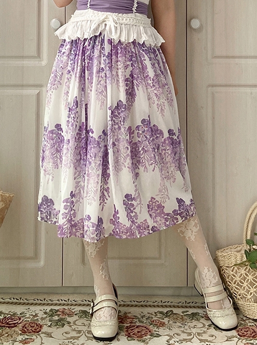 Elegant Purple Hydrangea Ornament Printing Ulti-Layer Pleated Classic Lolita Long Skirt