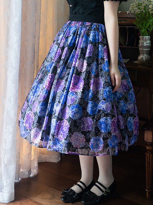 Elegant Purple Hydrangea Ornament Printing Ulti-Layer Pleated Classic Lolita Long Skirt