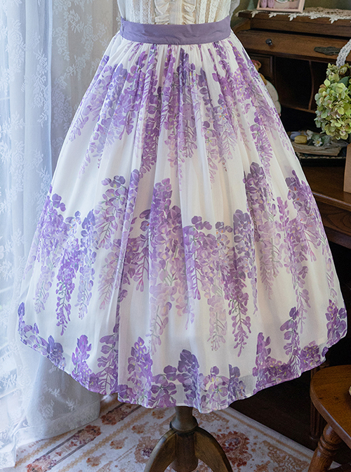 Elegant Purple Hydrangea Ornament Printing Ulti-Layer Pleated Classic Lolita Long Skirt