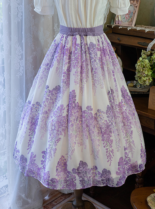 Elegant Purple Hydrangea Ornament Printing Ulti-Layer Pleated Classic Lolita Long Skirt