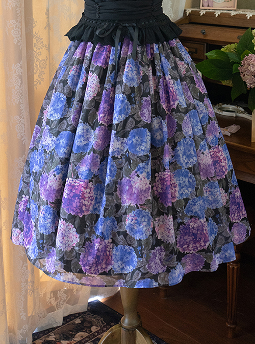 Elegant Purple Hydrangea Ornament Printing Ulti-Layer Pleated Classic Lolita Long Skirt