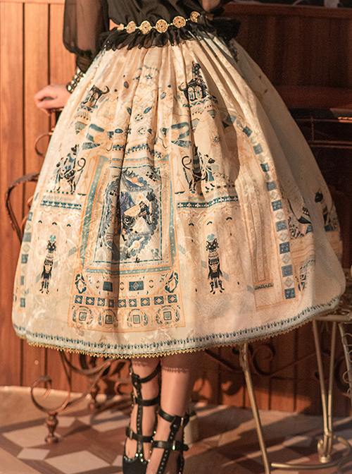 Egyptian Style Beautiful Ornate Vintage Graphic Print Loose A-Line Fit Classic Lolita Long Skirt