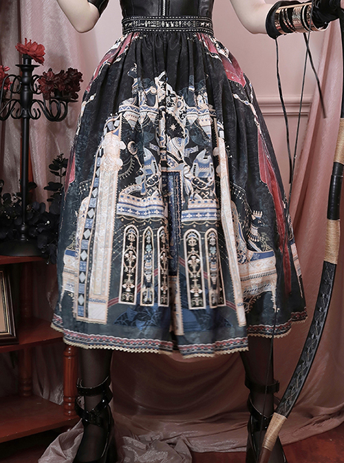 Egyptian Style Beautiful Ornate Vintage Graphic Print Loose A-Line Fit Classic Lolita Long Skirt