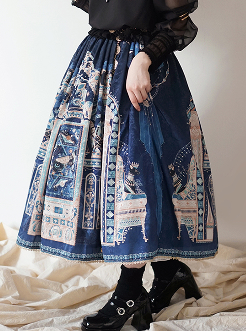 Egyptian Style Beautiful Ornate Vintage Graphic Print Loose A-Line Fit Classic Lolita Long Skirt