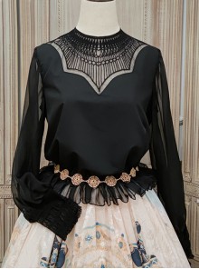 Mesh Lace Chest Irregular Cut Embroidered Cutout Crew Neck Classic Lolita Black Long Sleeve Shirt