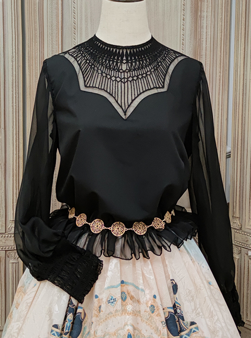 Mesh Lace Chest Irregular Cut Embroidered Cutout Crew Neck Classic Lolita Black Long Sleeve Shirt