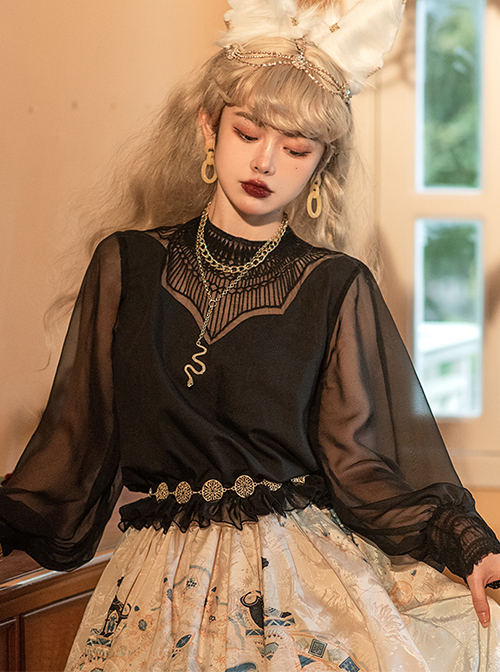 Mesh Lace Chest Irregular Cut Embroidered Cutout Crew Neck Classic Lolita Black Long Sleeve Shirt