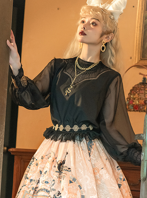 Mesh Lace Chest Irregular Cut Embroidered Cutout Crew Neck Classic Lolita Black Long Sleeve Shirt