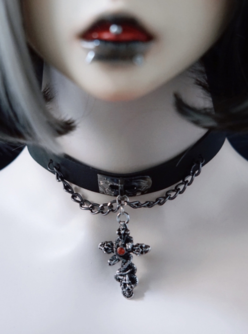 Gothic Metal Cross Skull Decoration Red Jewelry Dark Chain Leather Lolita Necklace