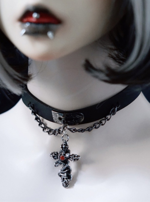 Gothic Metal Cross Skull Decoration Red Jewelry Dark Chain Leather Lolita Necklace