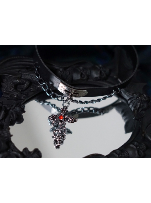 Gothic Metal Cross Skull Decoration Red Jewelry Dark Chain Leather Lolita Necklace