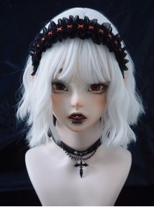 Dark Gothic Style Pleated Ruffle Red Ribbon Cross Decoration Lolita Headband