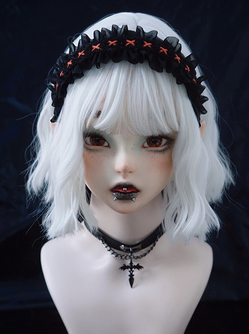 Dark Gothic Style Pleated Ruffle Red Ribbon Cross Decoration Lolita Headband