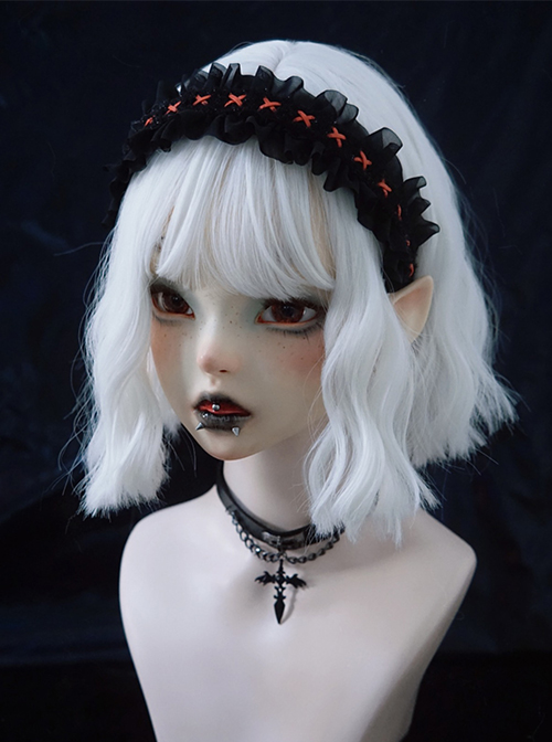 Dark Gothic Style Pleated Ruffle Red Ribbon Cross Decoration Lolita Headband