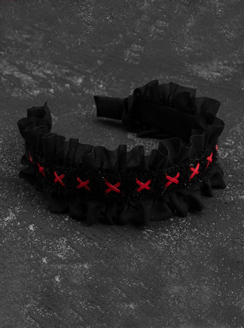 Dark Gothic Style Pleated Ruffle Red Ribbon Cross Decoration Lolita Headband