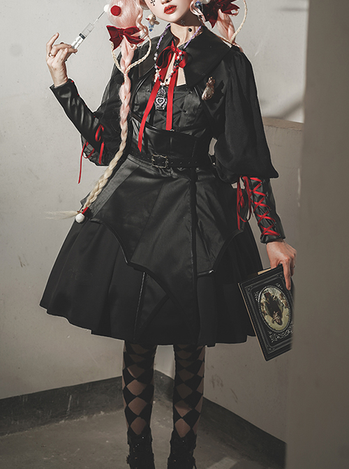 Dark Solid Gothic Halloween Style Irregular Cut At The Hem Bow Belt Decoration Lolita Witch Dress Set