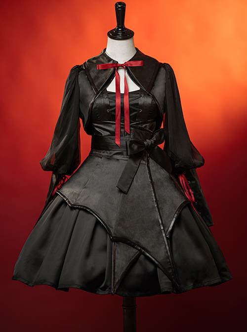 Dark Solid Gothic Halloween Style Irregular Cut At The Hem Bow Belt Decoration Lolita Witch Dress Set