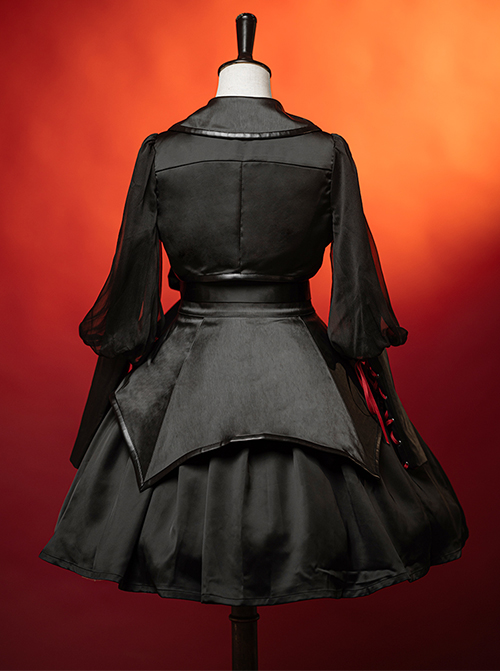 Dark Solid Gothic Halloween Style Irregular Cut At The Hem Bow Belt Decoration Lolita Witch Dress Set