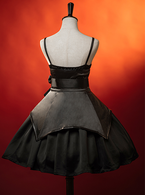Dark Solid Gothic Halloween Style Irregular Cut At The Hem Bow Belt Decoration Lolita Witch Dress Set