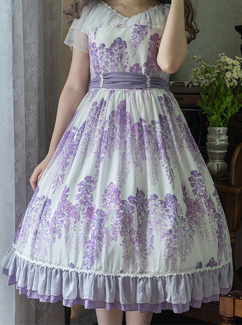 Elegant Floral Print Decoration Jacquard Lace Neckline Bow Pearl Classic Lolita Dress