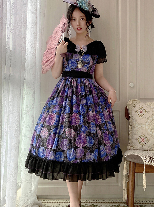 Elegant Floral Print Decoration Jacquard Lace Neckline Bow Pearl Classic Lolita Dress