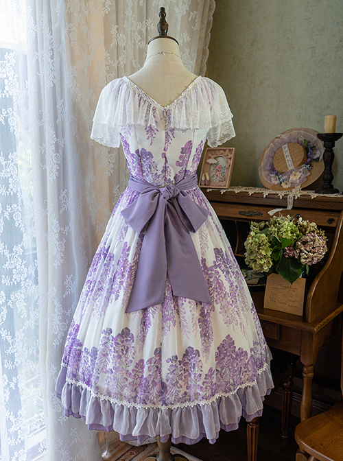 Elegant Floral Print Decoration Jacquard Lace Neckline Bow Pearl Classic Lolita Dress