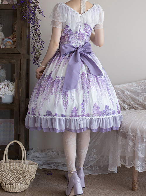 Elegant Floral Print Decoration Jacquard Lace Neckline Bow Pearl Classic Lolita Dress