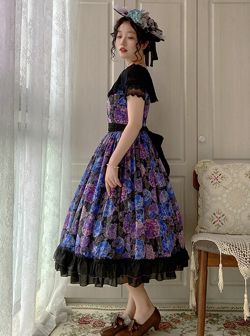 Elegant Floral Print Decoration Jacquard Lace Neckline Bow Pearl Classic Lolita Dress