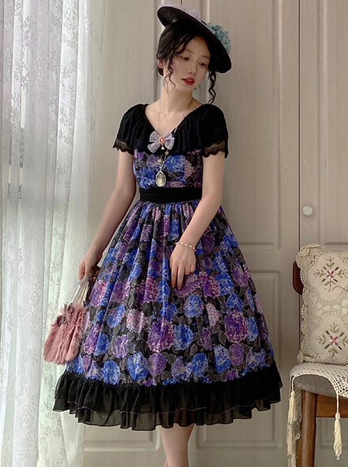 Elegant Floral Print Decoration Jacquard Lace Neckline Bow Pearl Classic Lolita Dress