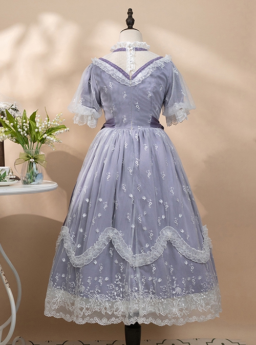 Delicate Lace Jacquard Embroidery Crinkled Mesh Fabric Sexy Deep V Neckline Design Ribbon Bow Decoration Classic Lolita Dress