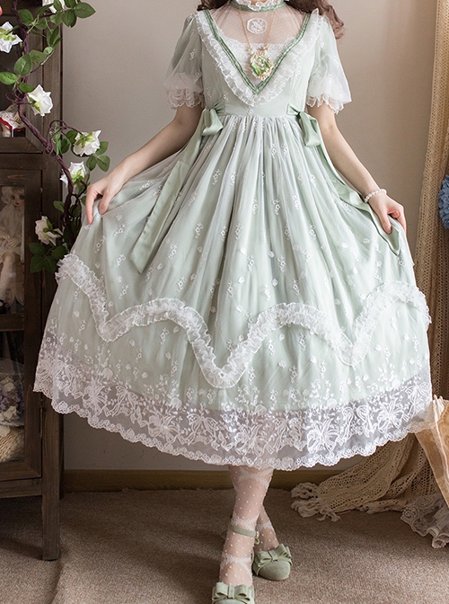 Delicate Lace Jacquard Embroidery Crinkled Mesh Fabric Sexy Deep V Neckline Design Ribbon Bow Decoration Classic Lolita Dress