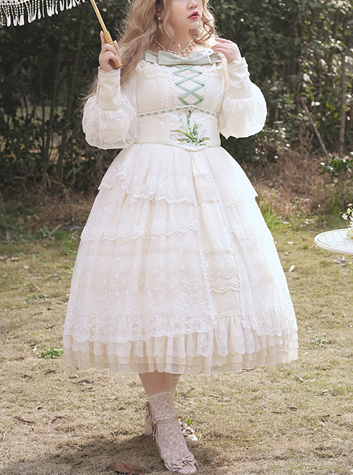 Delicate Ornate Pleated Embroidered Lace Layered Hem Cross Straps Bow Knot Classic Lolita Long Sleeve Dress