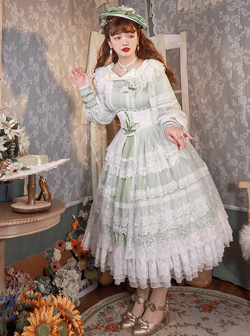 Delicate Ornate Pleated Embroidered Lace Layered Hem Cross Straps Bow Knot Classic Lolita Long Sleeve Dress