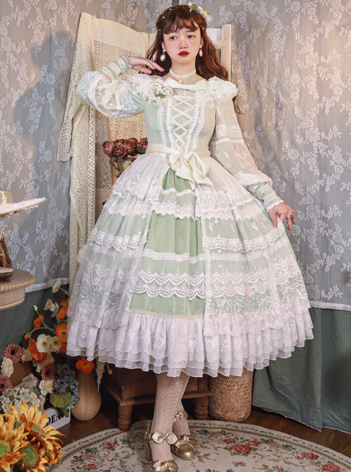 Delicate Ornate Pleated Embroidered Lace Layered Hem Cross Straps Bow Knot Classic Lolita Long Sleeve Dress