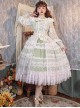 Delicate Ornate Pleated Embroidered Lace Layered Hem Cross Straps Bow Knot Classic Lolita Long Sleeve Dress