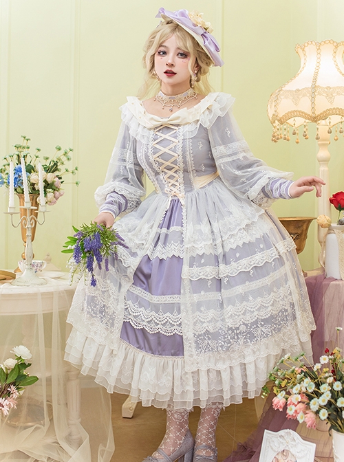 Delicate Ornate Pleated Embroidered Lace Layered Hem Cross Straps Bow Knot Classic Lolita Long Sleeve Dress