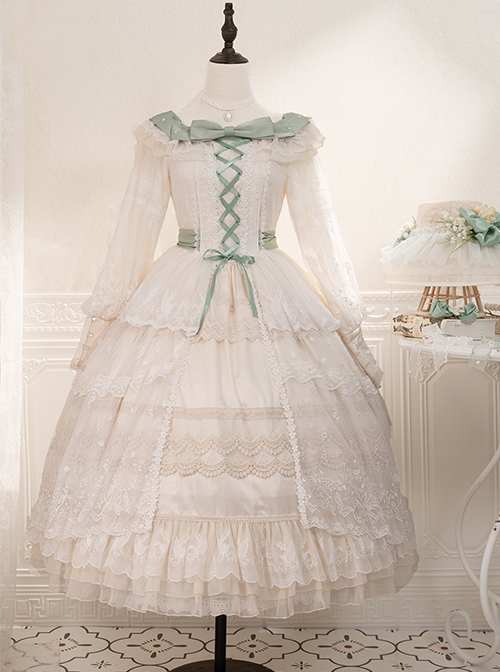 Delicate Ornate Pleated Embroidered Lace Layered Hem Cross Straps Bow Knot Classic Lolita Long Sleeve Dress