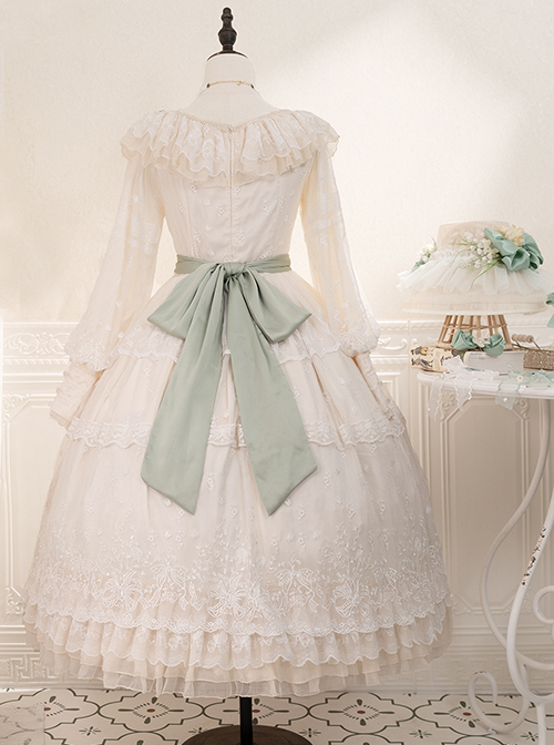 Delicate Ornate Pleated Embroidered Lace Layered Hem Cross Straps Bow Knot Classic Lolita Long Sleeve Dress