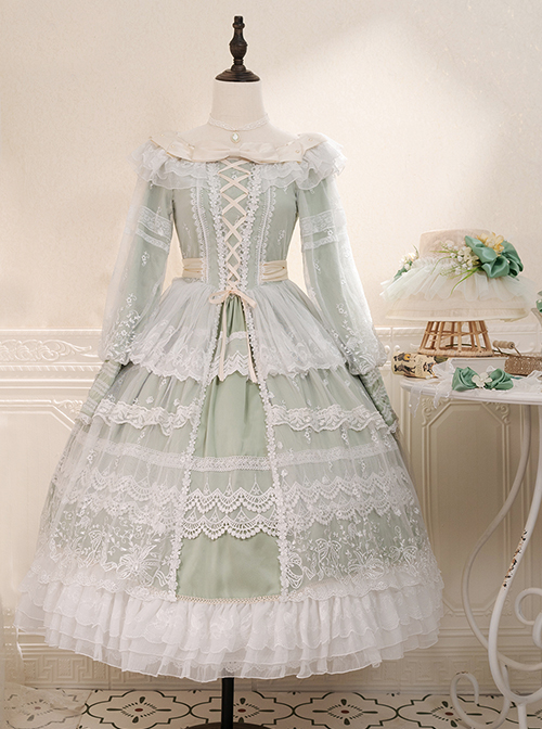 Delicate Ornate Pleated Embroidered Lace Layered Hem Cross Straps Bow Knot Classic Lolita Long Sleeve Dress