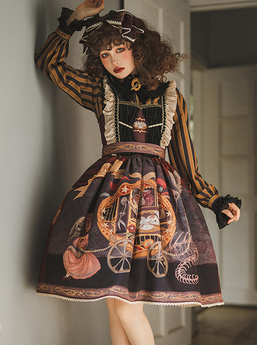 Dark Gothic Strange Circus Skeleton Pattern Print Trim Lolita Pleated Lace Slip Dress