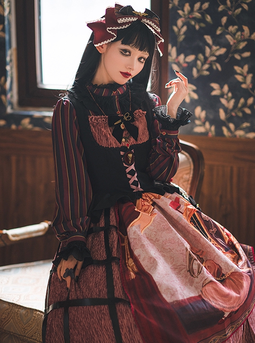 Gothic Strange Circus Skeleton Pattern Print Trim Tight Velvet Vest Pleated Hem Cross Straps Belt Lolita Dress