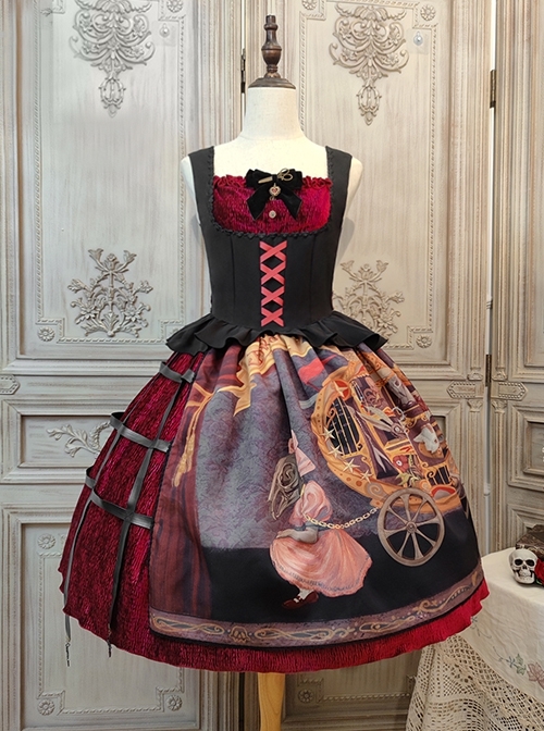 Gothic Strange Circus Skeleton Pattern Print Trim Tight Velvet Vest Pleated Hem Cross Straps Belt Lolita Dress