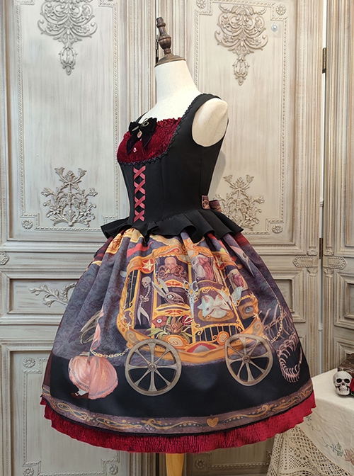 Gothic Strange Circus Skeleton Pattern Print Trim Tight Velvet Vest Pleated Hem Cross Straps Belt Lolita Dress