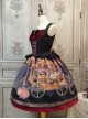 Gothic Strange Circus Skeleton Pattern Print Trim Tight Velvet Vest Pleated Hem Cross Straps Belt Lolita Dress