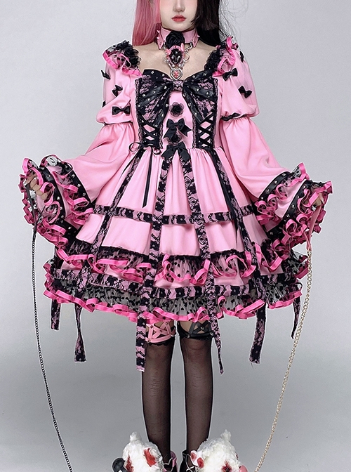 Sweet Cool Punk Style Black Lace Jacquard Embroidery Pleated Ribbon Bow Decorated Classic Lolita Trumpet Sleeve Dress