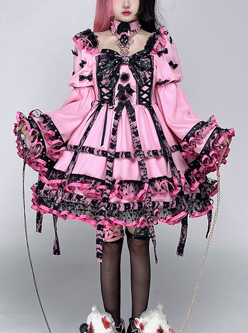 Sweet Cool Punk Style Black Lace Jacquard Embroidery Pleated Ribbon Bow Decorated Classic Lolita Trumpet Sleeve Dress