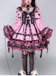 Sweet Cool Punk Style Black Lace Jacquard Embroidery Pleated Ribbon Bow Decorated Classic Lolita Trumpet Sleeve Dress