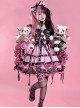 Sweet Cool Punk Style Black Lace Jacquard Embroidery Pleated Ribbon Bow Decorated Classic Lolita Trumpet Sleeve Dress